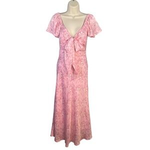 Floral Maxi Dress Pink Tie Front Womens XS Cottagecore Coquette Romantic Fairy